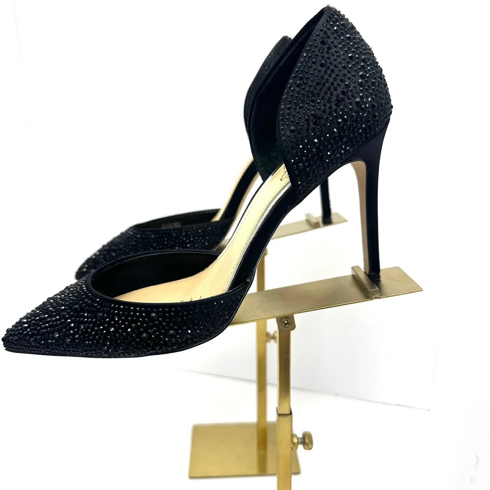 Jewel Badgley Mischka Black Rhinestone d'Orsay Pointed Toe Stiletto Pumps Size 8